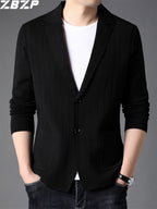 ZBZP Men's Knitted Cardigan, Spring/Autumn Men's Coat, Korean Style Trendy Solid Color Knit Sweater, Blazer Style Sweater, Chaoyang - Black