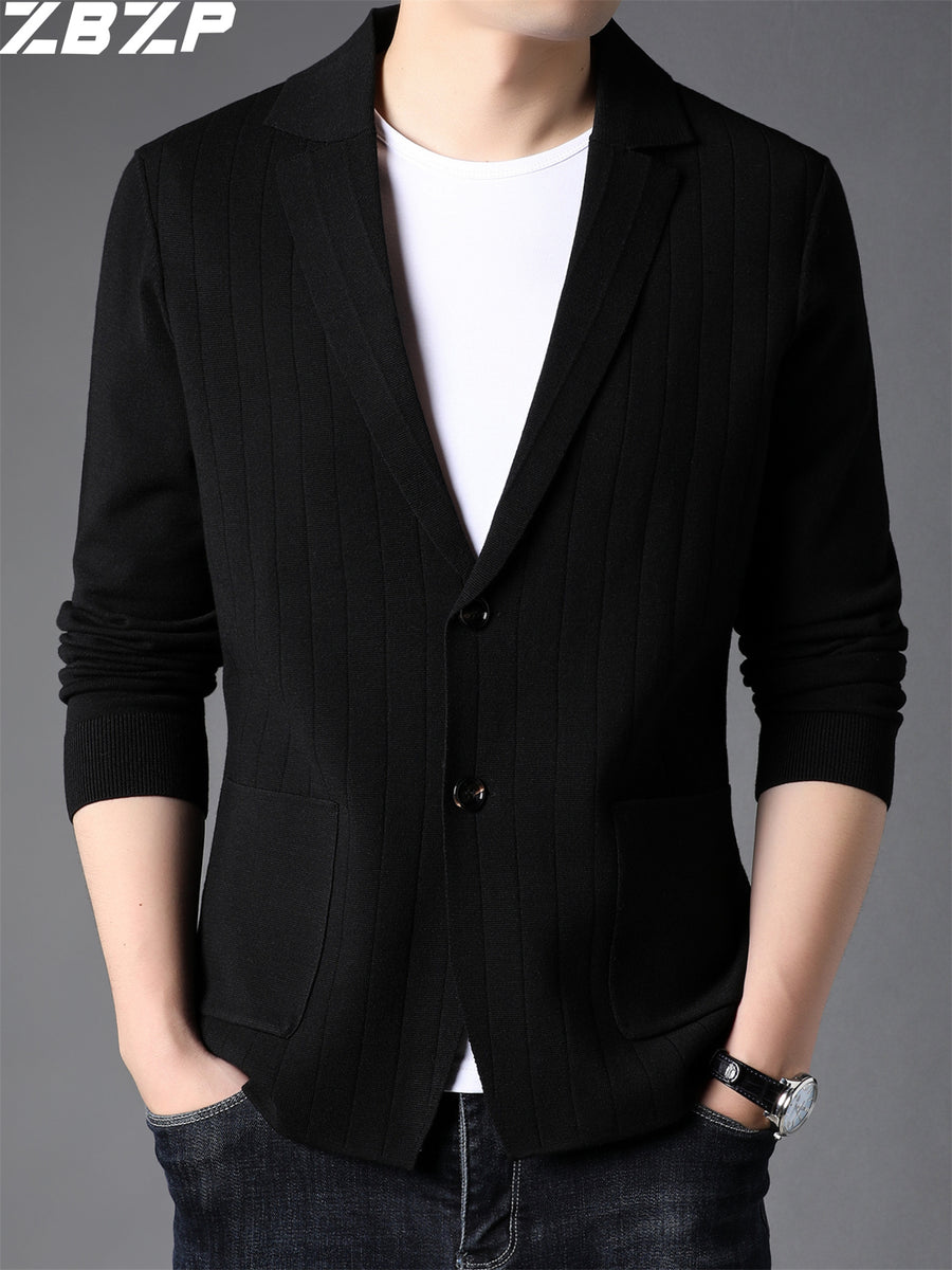 ZBZP Men's Knitted Cardigan, Spring/Autumn Men's Coat, Korean Style Trendy Solid Color Knit Sweater, Blazer Style Sweater, Chaoyang - Black