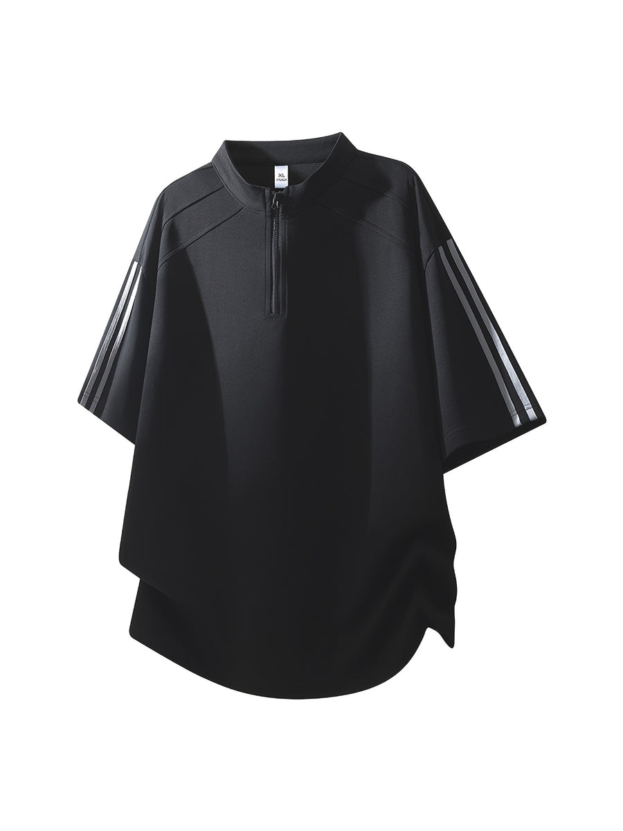 Men'S Summer Striped Half-Zipper Short Sleeve T-Shirt Trendy Brand Loose Casual Breathable Short Sleeve Top - Black