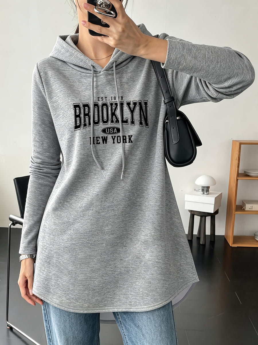 Mid-Length Hooded Sweatshirt for Women, Loose Hip-Covering Letter Print Drawstring Pullover Top - Light Grey