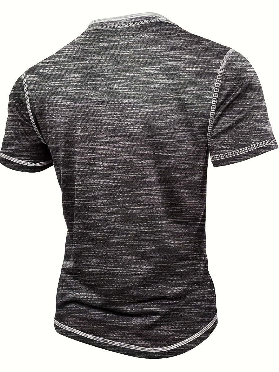 Men'S Summer Henley Shirt - Casual Short Sleeve, Button-Up, Gray & White Striped, Round Neck, Lightweight Polyester Blend, Perfect for Casual Attire, Casual Summer Wear | Striped Henley Shirt | Polyester Blend Shirt - Dark Gray