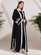 Dress Without Inner Vest, Without Matching Belt - Women's Elegant Islamic Arabic Abaya, Casual Loose-fitting Long-sleeve Robe with Embroidery for Prayer and Daily Wear - Black