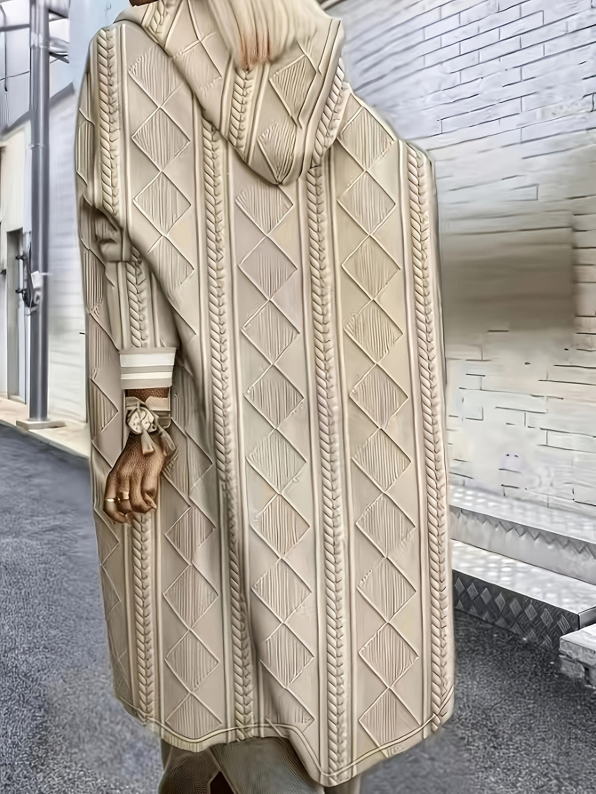 Plus Size, Women'S Long Pocket Hooded Jacket. Zipper, Ruffled Cuffs And Panel Detailing. Fabric - Khaki