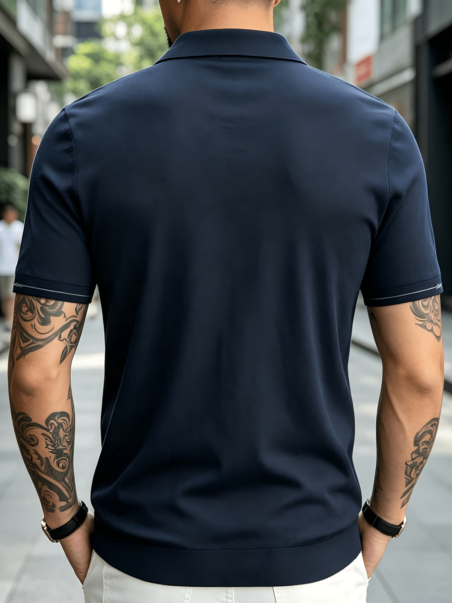 Men's Knitted Short-Sleeve Polo Shirt - Urban Street Scene Exterior Shot, Slim Fit, Lapel Collar, Two-Button, Business Casual Commuter Thin Top, Solid Color Knit Top with Embroidered Cuff Design - Dark Blue