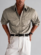 Spring And Autumn American Style Lapel Work Shirt, Preppy Easy Long Sleeve with Double Pockets, Casual Shirt for Daily Business Commute - Camel