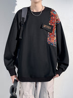 Men's Chinese Vintage Patchwork Crewneck Sweatshirt, Ethnic Style Embroidered Loose Drop-Shoulder Pullover, for Spring/Autumn Daily Streetwear Outings - Black