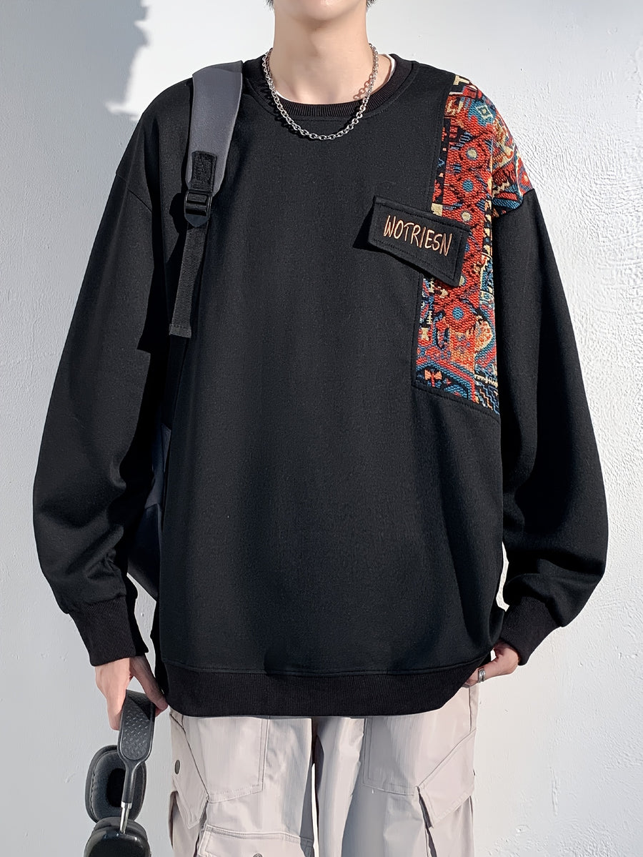 Men's Chinese Vintage Patchwork Crewneck Sweatshirt, Ethnic Style Embroidered Loose Drop-Shoulder Pullover, for Spring/Autumn Daily Streetwear Outings - Black