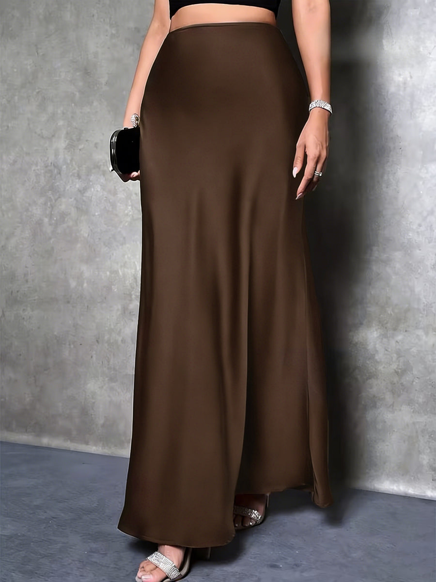 Women'S Elegant Slit Maxi Skirt - Satin Texture Christmas & Valentine'S Day Date Outfit, Suitable for Winter Holiday Parties & Office, Machine-Washable Luxury Design, High-End And Temperament-Enhancing with Festive Charm - COFFEE COLOR