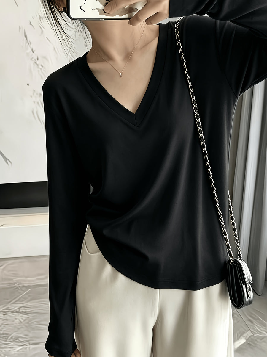 Loose Fit Drop Shoulder Sleeves Relaxed Style Women's Long Sleeve T-Shirt Polyester Women's Autumn Top Thin V-Neck Pullover Solid Color Basic Style Women's Casual Base Layer Spring/Autumn Women's Clothing Machine Washable, Not Dry Cleanable Autumn - Black