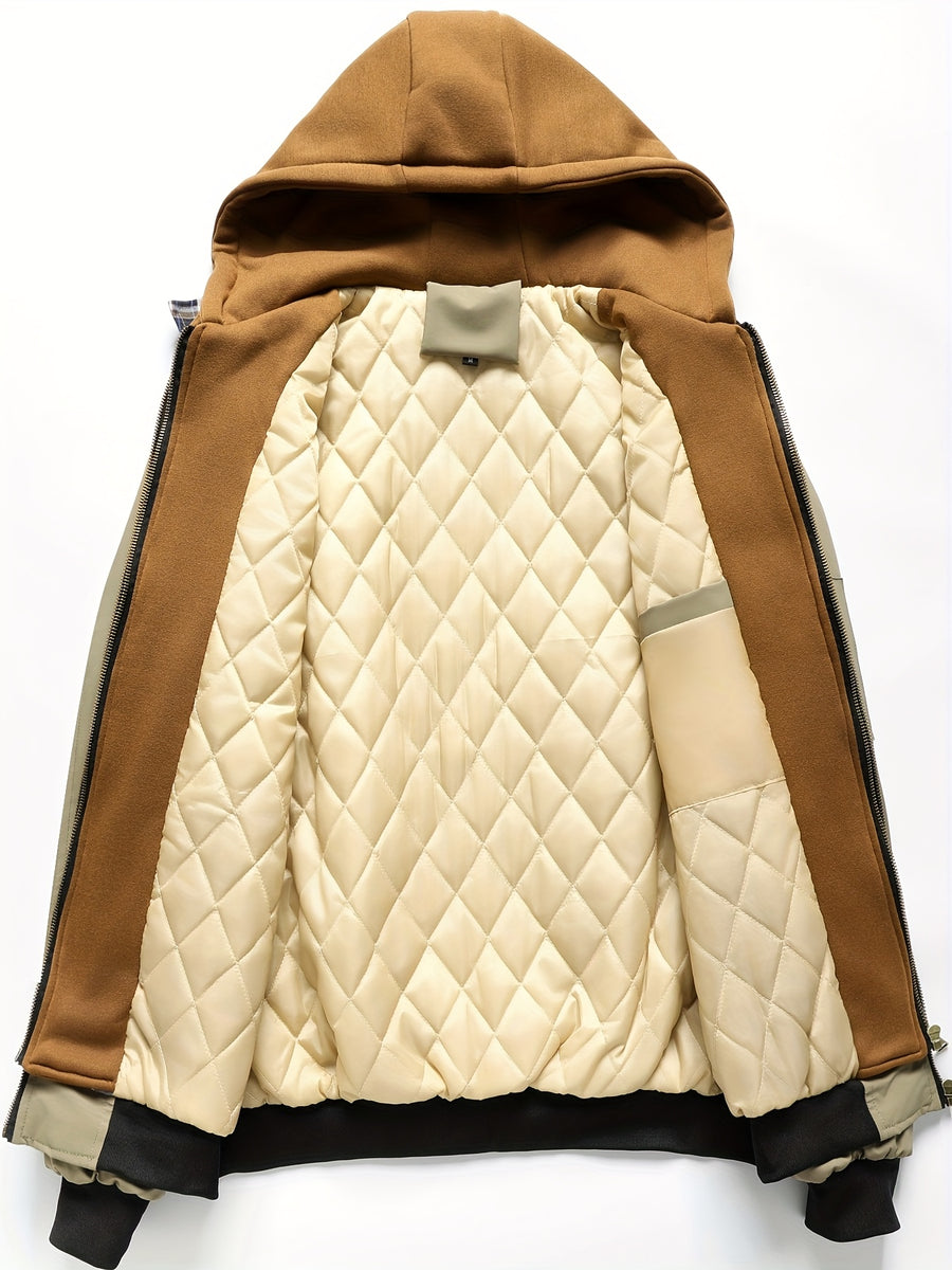 Spring Autumn Men'S Jacket Outerwear Plaid Hooded Cardigan Sports Casual Preppy Fashion - Khaki