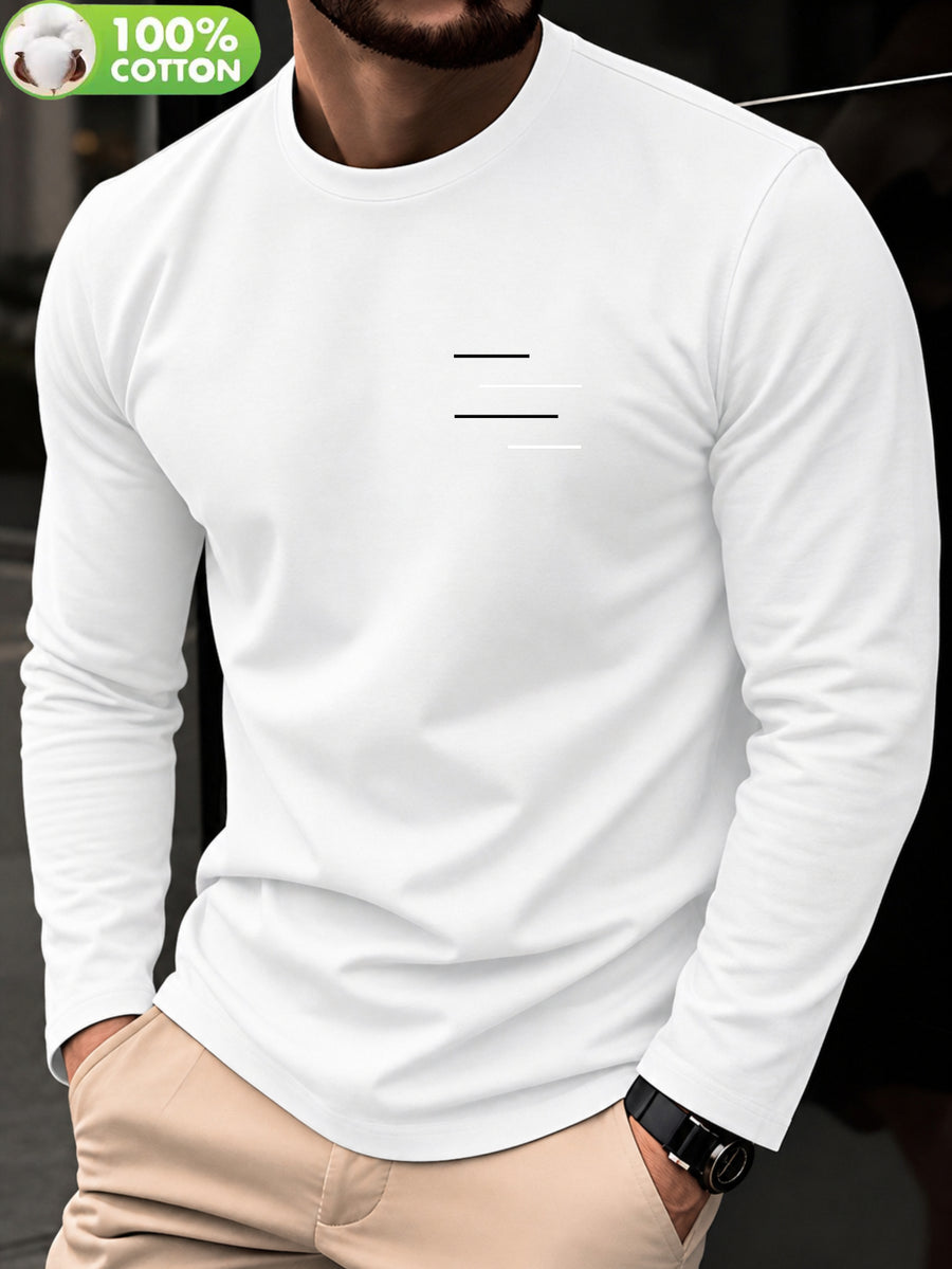 100% Cotton Men's T-Shirt, Spring Long Sleeve Thin Top, Trendy, Fashionable, Simple, Casual, Versatile, Suitable for Commuting and Daily Wear, Geometric Line Pattern, Stylish, Elegant, , and Fun - White