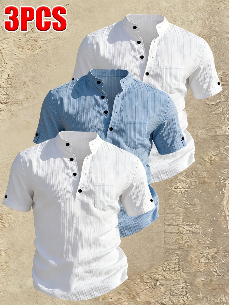 Men's Stand Collar Henley Short Sleeve Shirt 3pcs, Vertical Stripe Texture Half-Button with Pocket Top, Summer Breathable Casual Vacation 3pcs Versatile Men's Shirt Set - White+white+blue