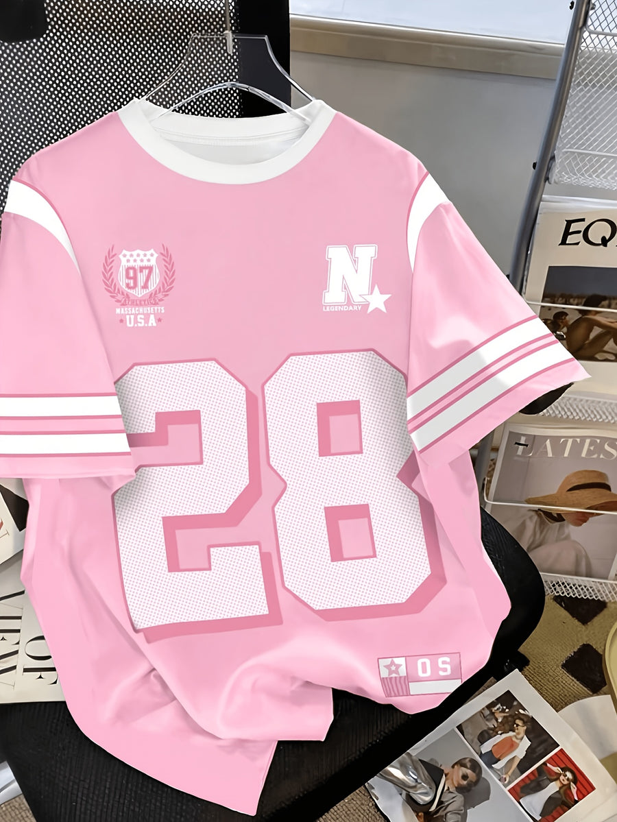 Plus Size - Plus Size - Women'S Round Neck Printed Jersey T-Shirt - Round Neck Casual Top - Lightweight Jersey T-Shirt Suitable for All Seasons - Pink Color