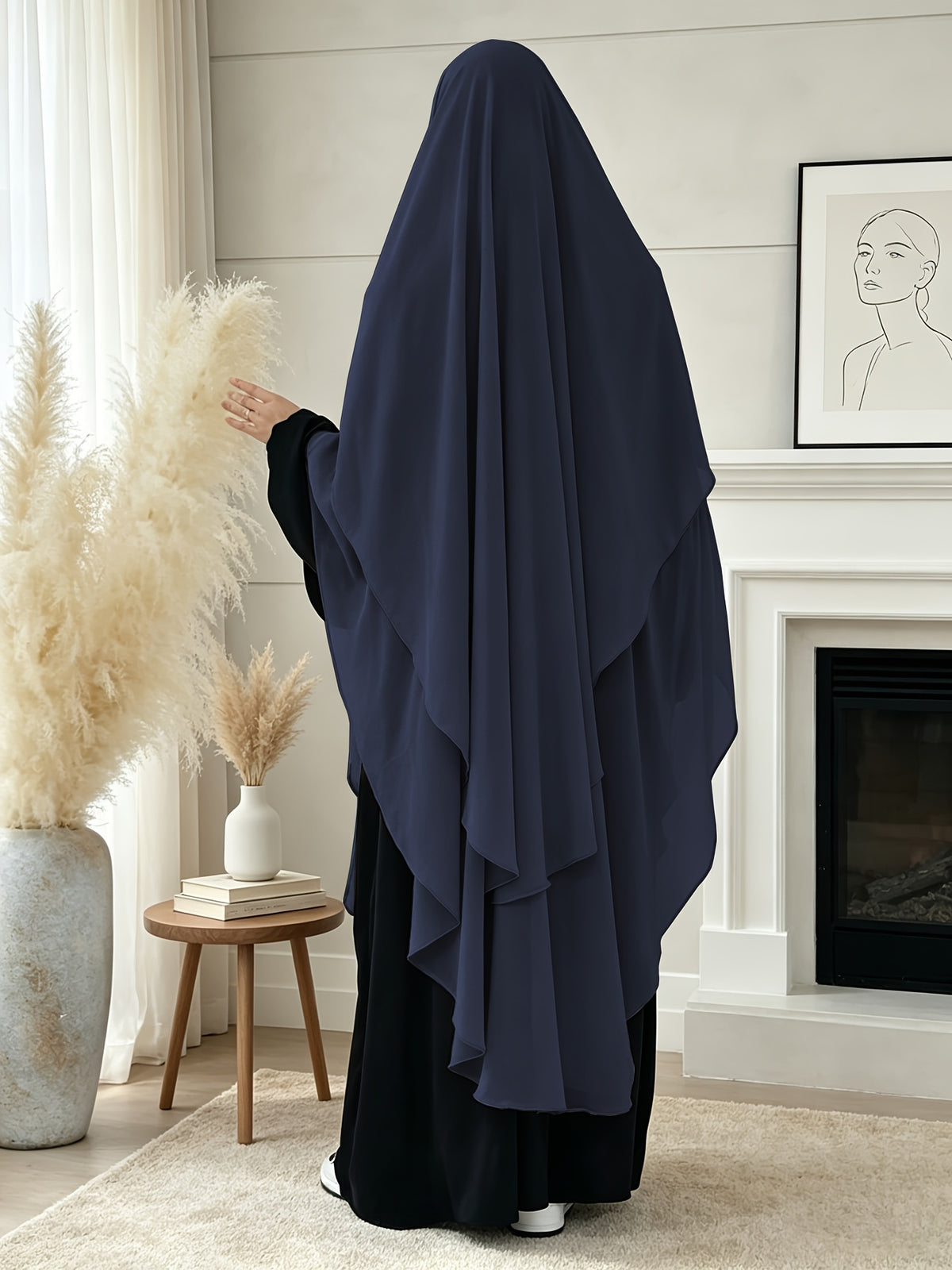 1pc High-Quality Pearl Chiffon Double-Layer Design Breathable And Private Kimmar Scarf Matching Any Abaya Women'S Daily Wear Prayer Use All Seasons - Navy Color