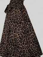Women'S Fashion Leopard Print Casual Waist Tie Bow Versatile Commuter Style A-Line Half Skirt - Olive Brown