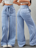 Women'S Stretch Loose Light Blue Wide-Leg Jeans with Bow Detail Belt - Relaxed Fit Denim Trousers for Spring/Autumn, Casual Fashion Machine Washable Jeans, Durable Fabric, Street Style - Light Blue