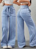Women'S Stretch Loose Light Blue Wide-Leg Jeans with Bow Detail Belt - Relaxed Fit Denim Trousers for Spring/Autumn, Casual Fashion Machine Washable Jeans, Durable Fabric, Street Style - Light Blue