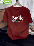 100% Women's T-Shirt, Summer Short Sleeve Thin Top, Trendy and Fashionable Standard Fit, Versatile for Daily Wear, Casual, Comfortable, and Breathable, Colorful Smiling Face and Letter Print Design, Simple, , and Fun Pattern - Burgundy