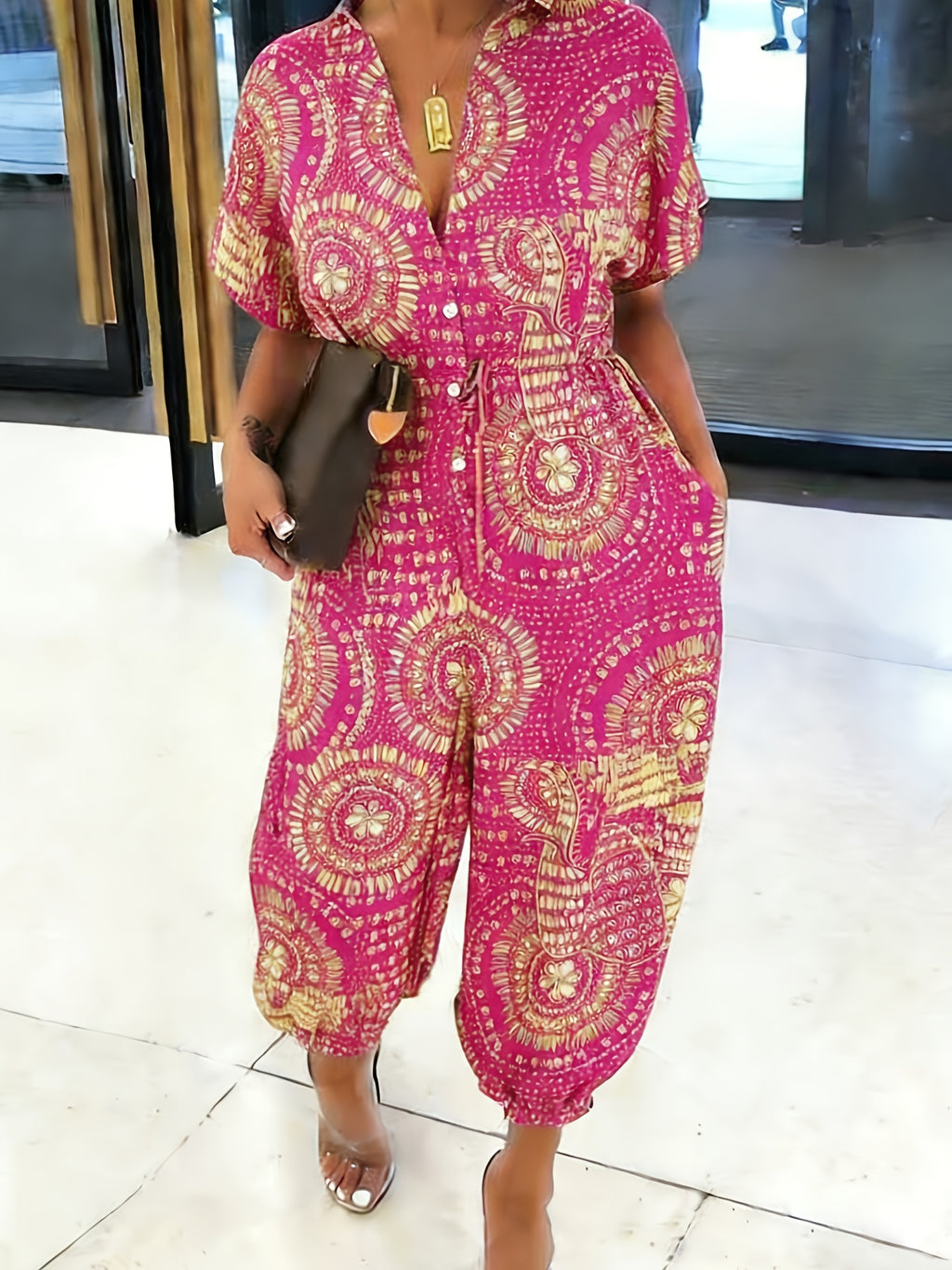 Women's Printed Jumpsuit with Drawstring Waist Ties to Perfectly Define Body Curves, Bell-Bottom Legs to Slim and Flatter Leg Shapes, and Stylish – Suitable for Adults, Casual Summer Jumpsuit, Summer Casual Wear, Vibrant Printed Jumpsuit - Rose Red