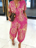 Women's Printed Jumpsuit with Drawstring Waist Ties to Perfectly Define Body Curves, Bell-Bottom Legs to Slim and Flatter Leg Shapes, and Stylish – Suitable for Adults, Casual Summer Jumpsuit, Summer Casual Wear, Vibrant Printed Jumpsuit - Rose Red