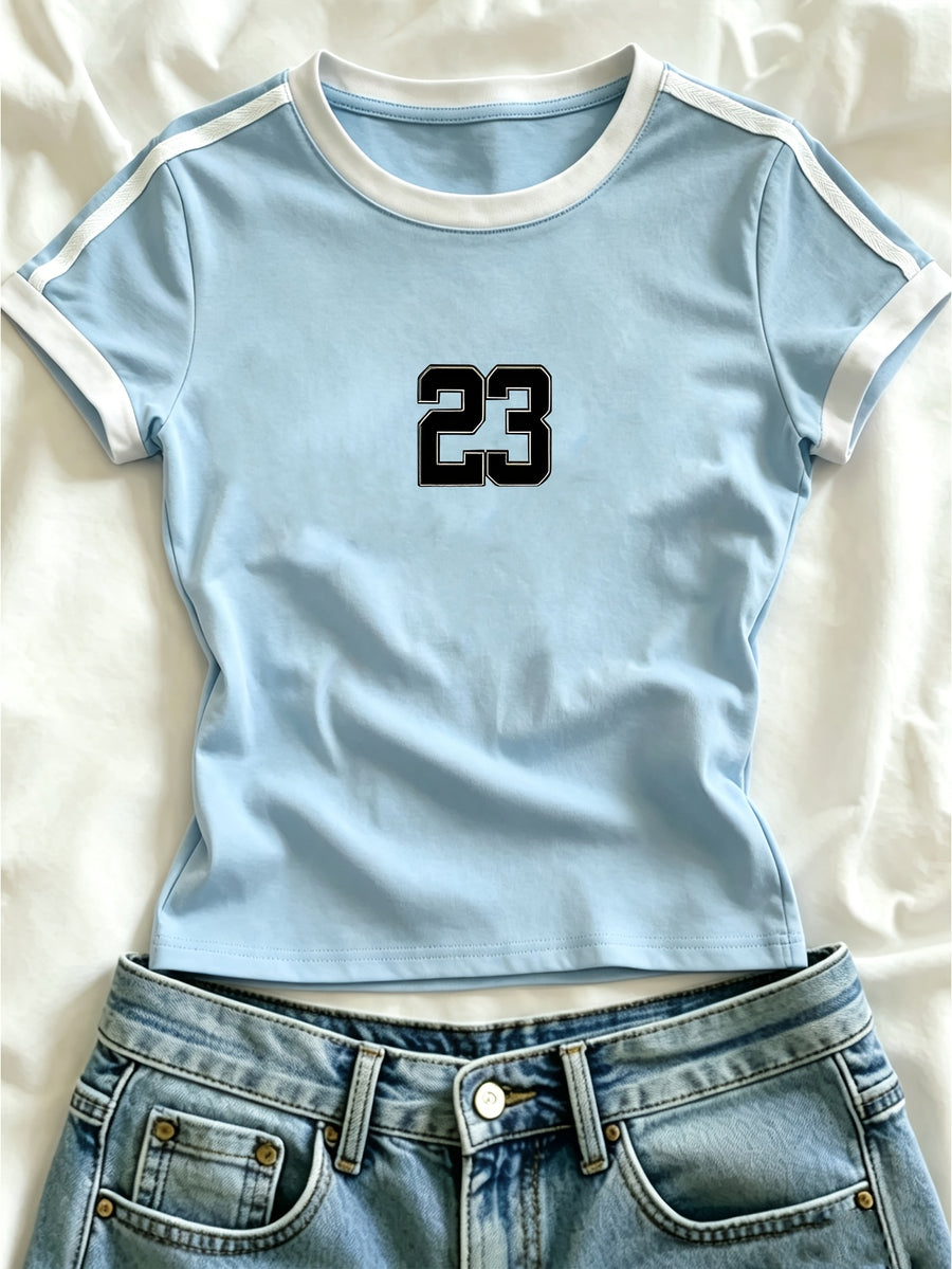 1pc Western Fashion Spring Summer Campus Style Square Shoulder Round Neck Contrast Slim Fit Women'S T-Shirt, Easy Number Pattern Women'S T-Shirt - Light Blue