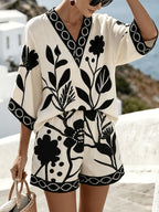 Women's Elegant Bohemian Style Floral Print Loose Top, Shorts, and Set - Wilderness - White