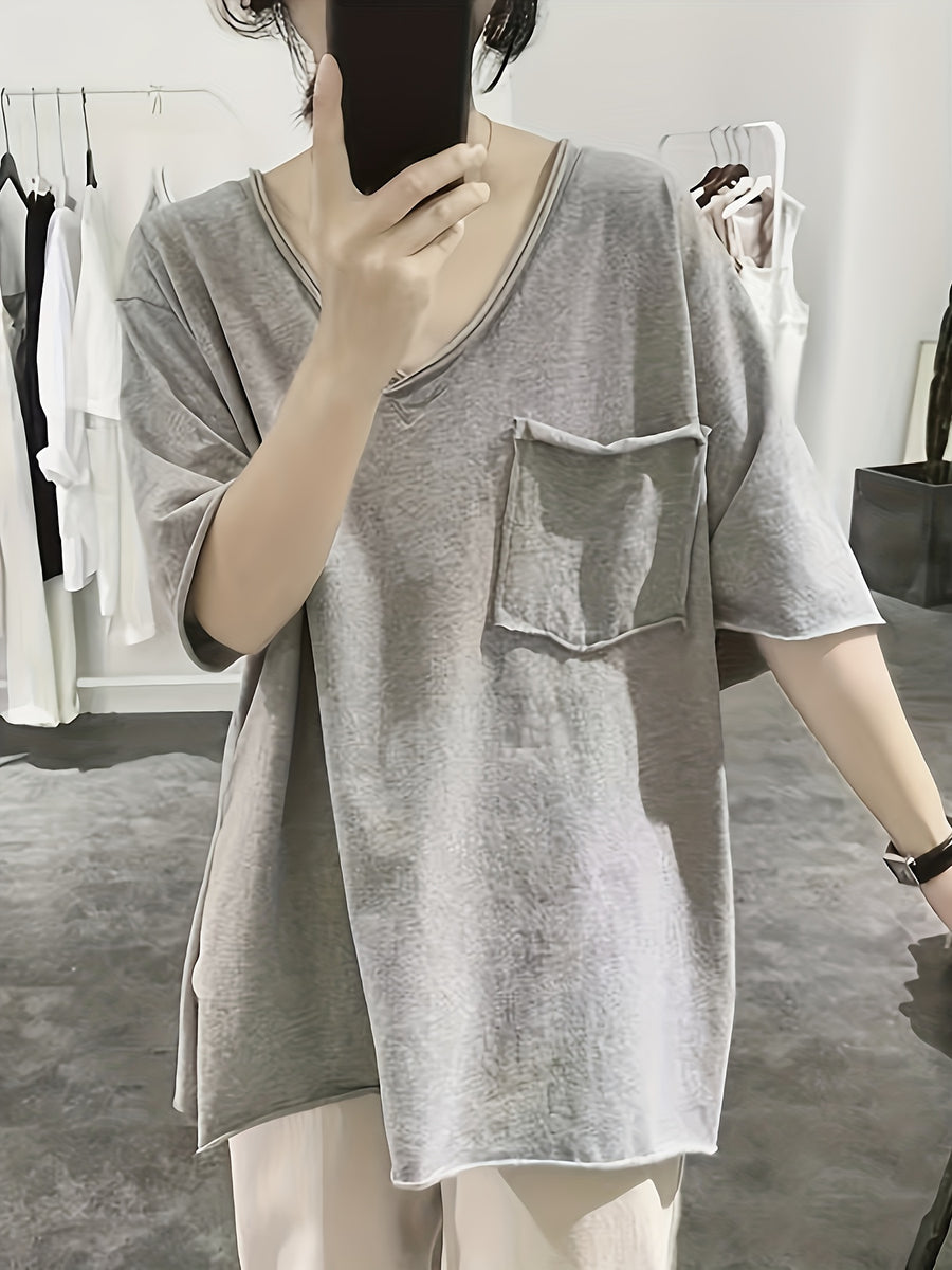 Slit T-Shirt Women'S Summer Loose Korean Rolled Edge Front Short Back Long Short-Sleeved V-Neck Top - Grey