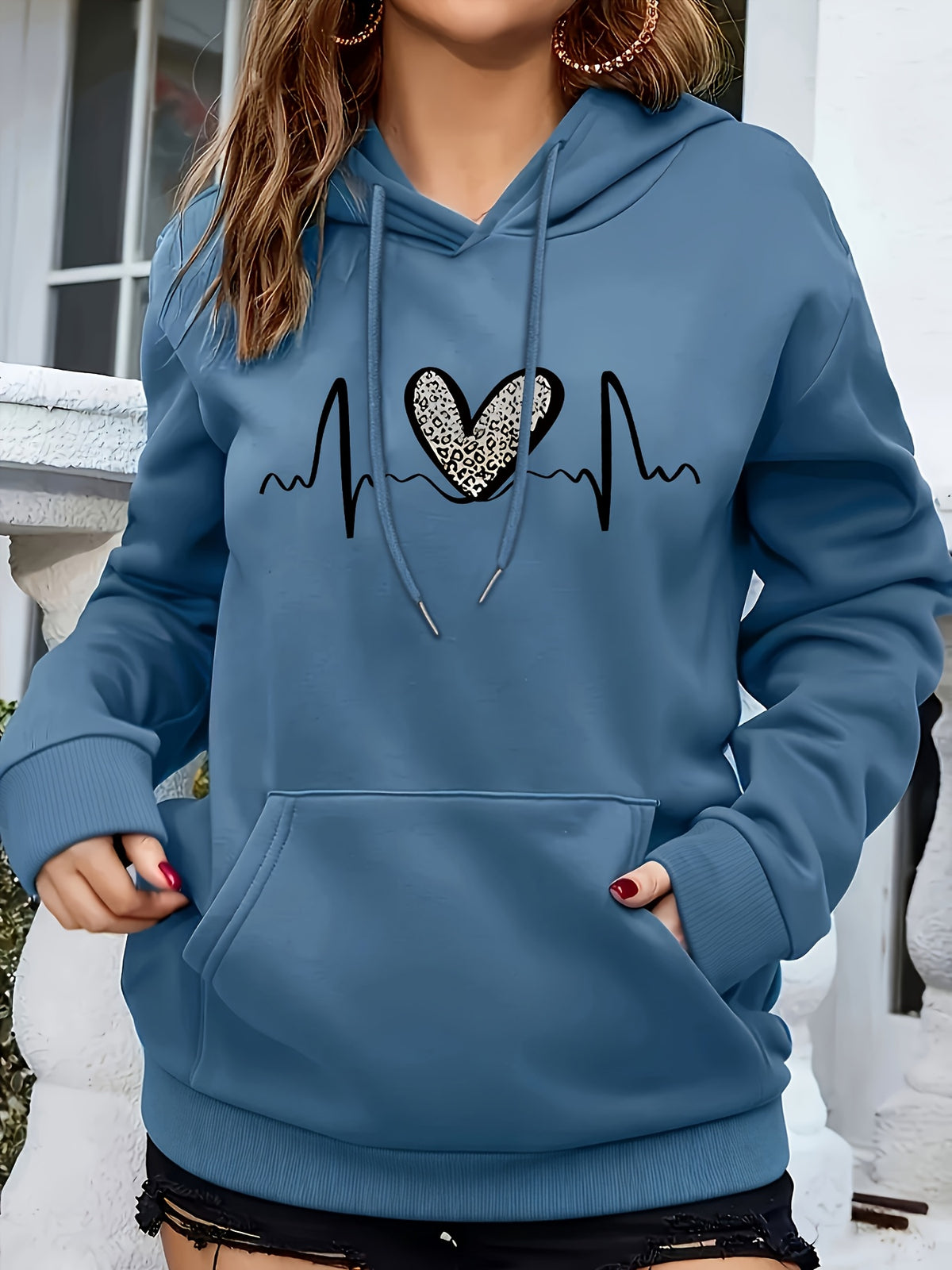 Fashion Hooded Sweatshirt For Women | Regular Fit, Heart Pattern, Drawstring Detail, Ideal For Fall/Winter - Sea Blue
