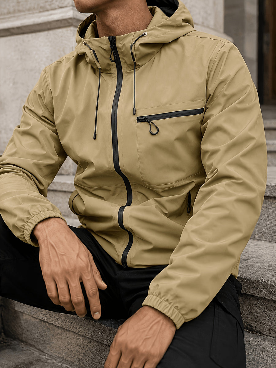 Men's Hooded Functional Jacket, Outdoor Casual Windproof Outerwear, Stand Collar Zipper Multi-Pocket Top, Spring/Autumn Urban Commuting Sports Jacket - Khaki