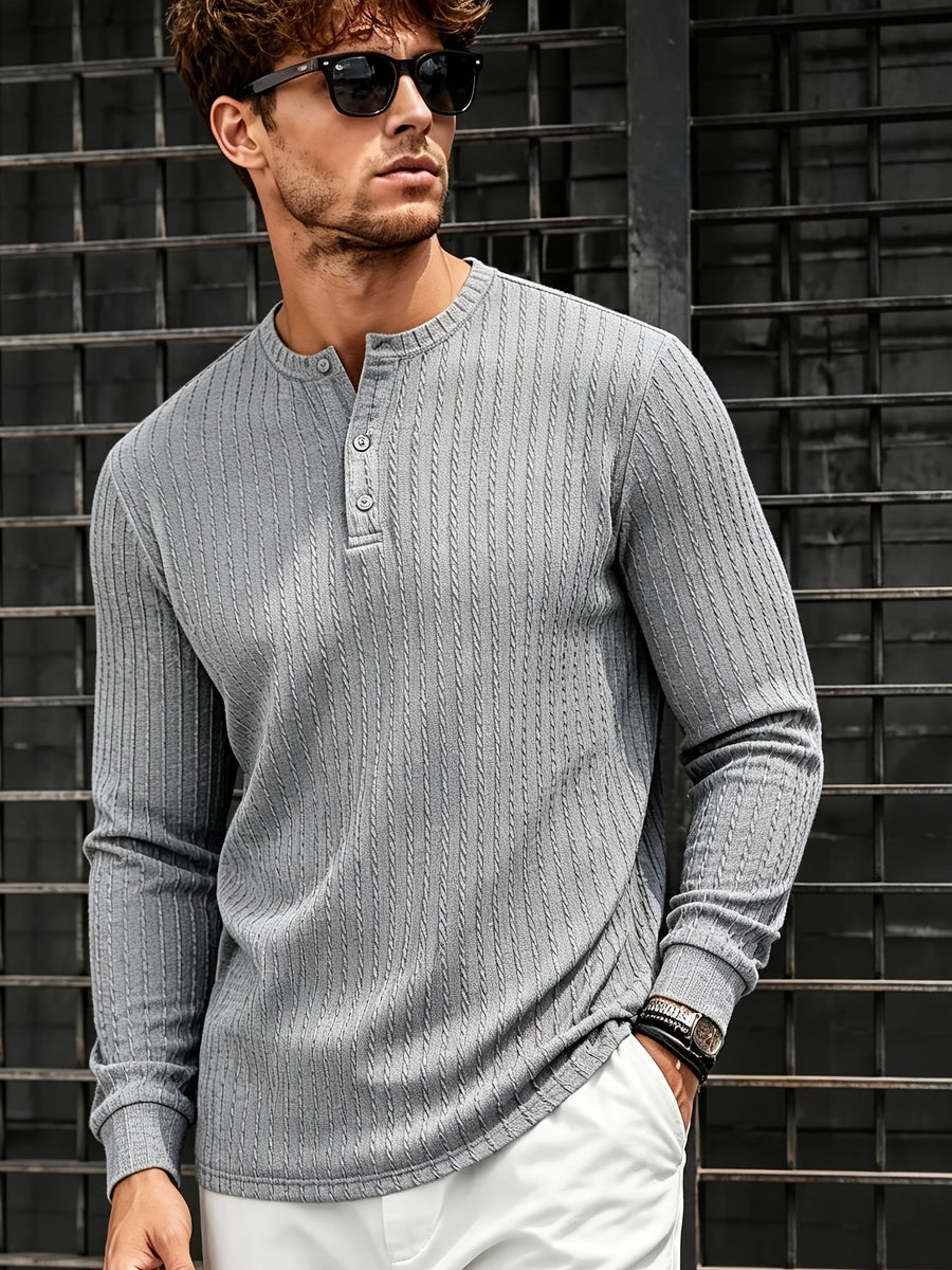 Men'S New Knit Retro Stretch Top, Textured Casual Loose Commuter All-Match Long Sleeve Henley Shirt - Grey