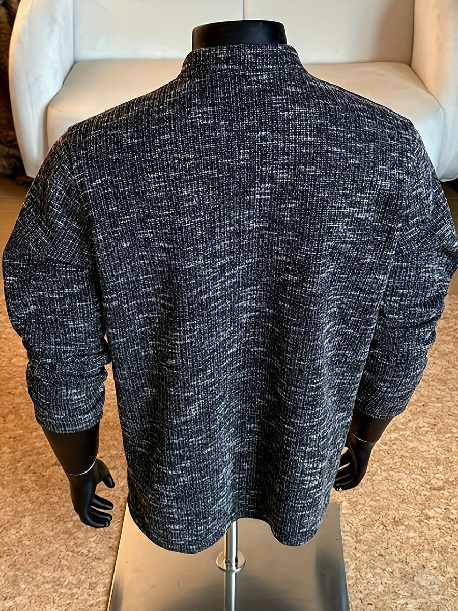 Autumn/Winter Striped Men's Loose Long Sleeve Casual Stand Collar -Lined - Black
