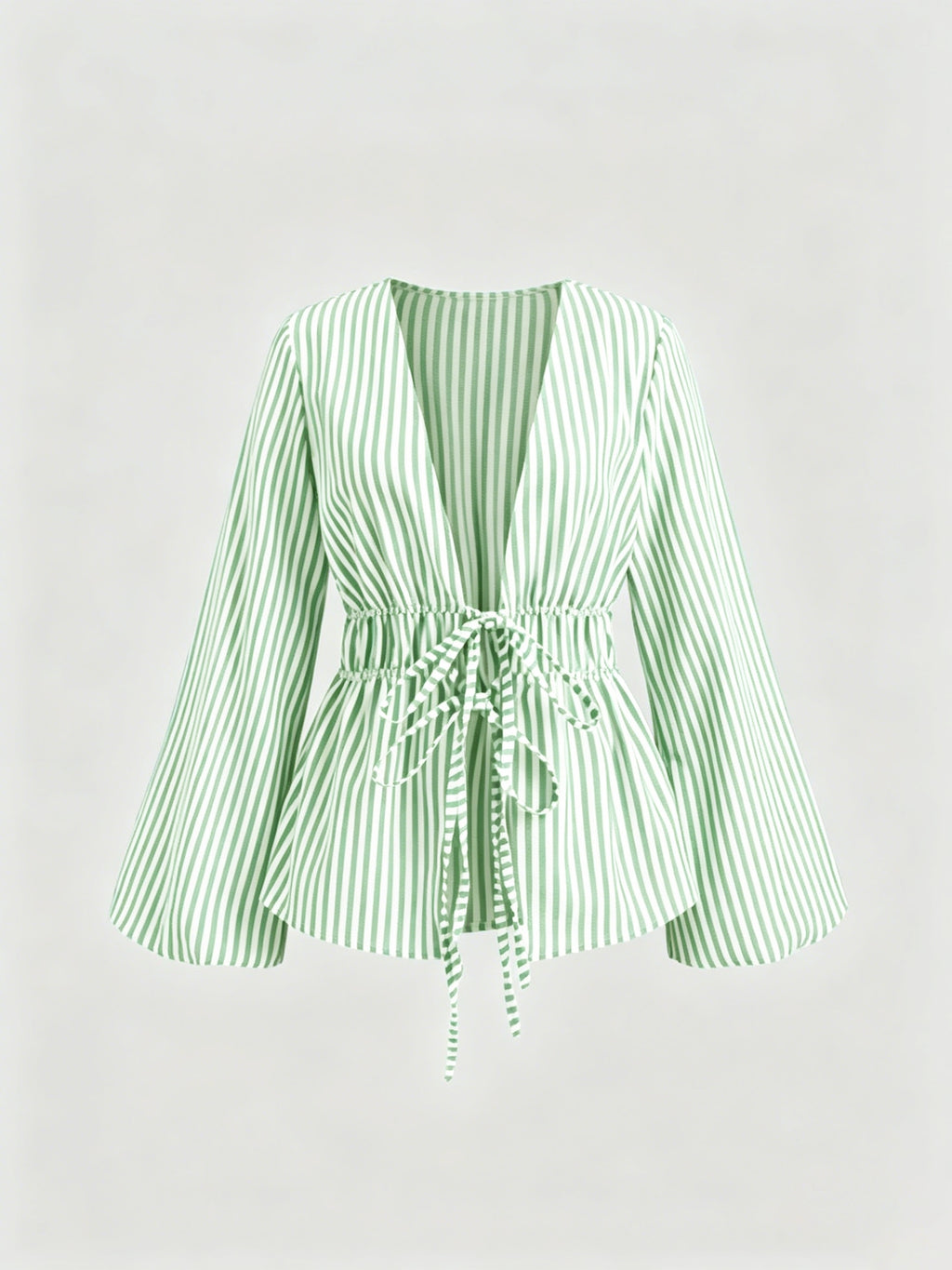 Belted Vertical Stripe Long-sleeve Shirt, Artistic Casual Fashion, Versatile Loose Top - Light Green