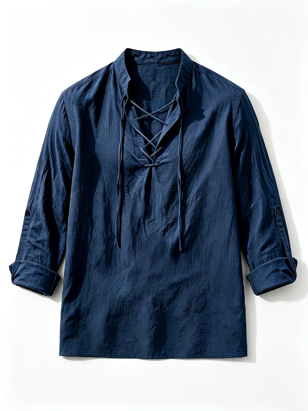 [Know And Give OBM] Men'S Solid Color Stand-Collar Linen Long Sleeve Shirt, Semi-Open Front Design, Roll-Up Sleeve Style | Casual Commute, Short Vacation, Leisure Gatherings | Men'S Versatile Top - Navy Color