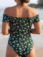 Women'S Elegant Floral Print Off-Shoulder Ruffled Hem Bodycon Top, One-Shoulder Tight Top, Bodysuit - Multicolor