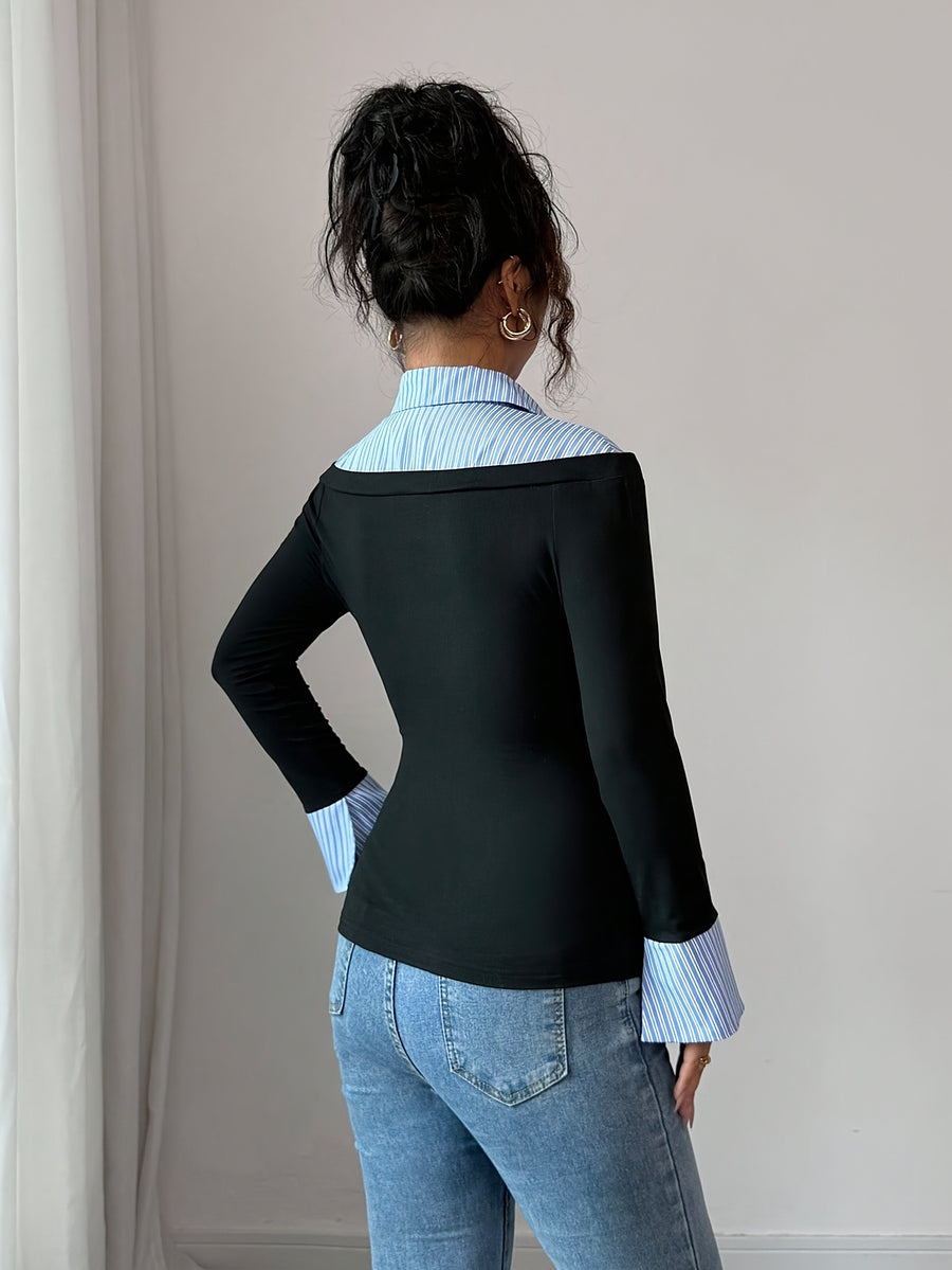 Autumn/Winter Slim-Fit Two-in-One Polo Collar Long-Sleeve Shirt, Vintage Color Block Polo Collar Slim-Fit Sexy Long-Sleeve T-Shirt, Elegant Commuter Bodycon AB Collar Flared Cuff Long-Sleeve Half-Open Placket Striped Multicolor T-Shirt - Black