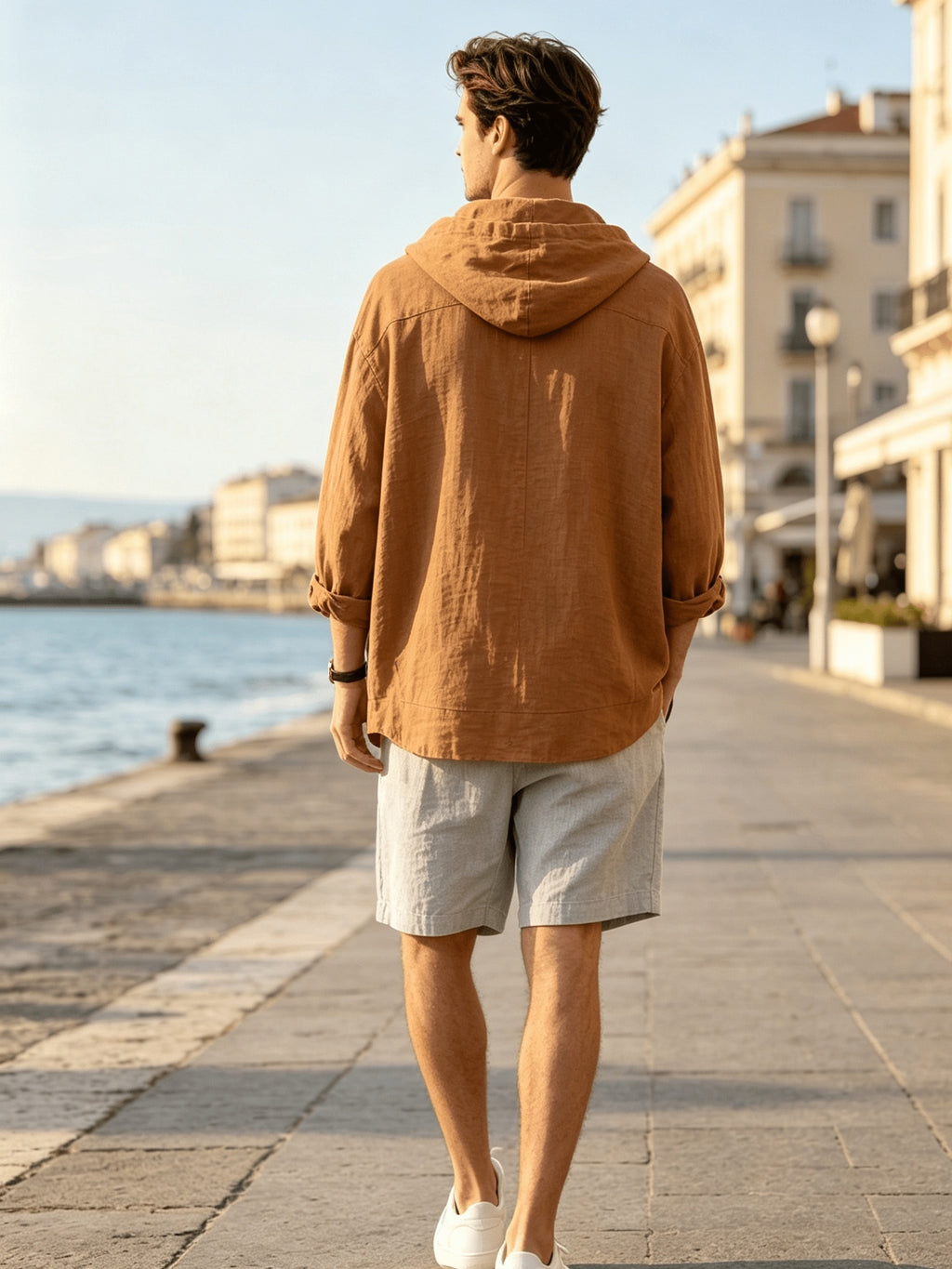 2026 New Men's Hooded Shirt, Soft and Breathable Linen Fabric, for Vacation, Travel, Leisure, Outdoor Fishing, and Beach - Yellowish-brown