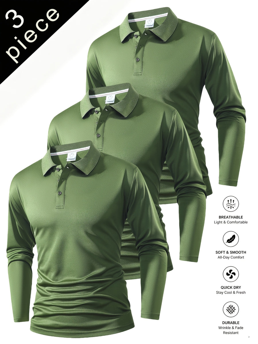 Spring And Autumn Explosive Value Three-Piece POLO Collar Long-Sleeved Top for Men, Stylish, Easy And Versatile, Solid Color Design, Multi-Color Optional Sports And Casual, Soft And Comfortable, Jumper, 220G/Square Meter Fabric Weight - 3 Pieces Green