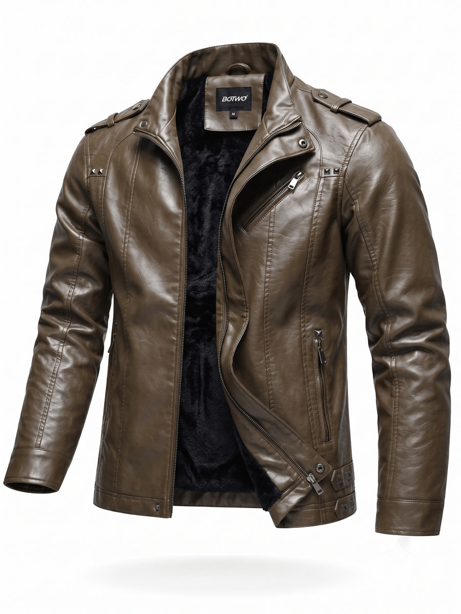 Men's PU PU Leather Biker Jacket with Warm Plush Lining, Stand Collar, Asymmetrical Zip Front, Multiple Zipper Pockets, Shoulder Tabs and Stud Accents for Fall/Winter Commuting, Travel, Streetwear, Dating and Daily Wear - Coffee Color