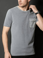 Men's Washed Distressed Vintage T-Shirt Polo Shirt Top, Solid Color Casual Top, British Style with Pocket, Washed Distressed Finish, Nostalgic Vintage Style with Faded Effect - Silvery Grey