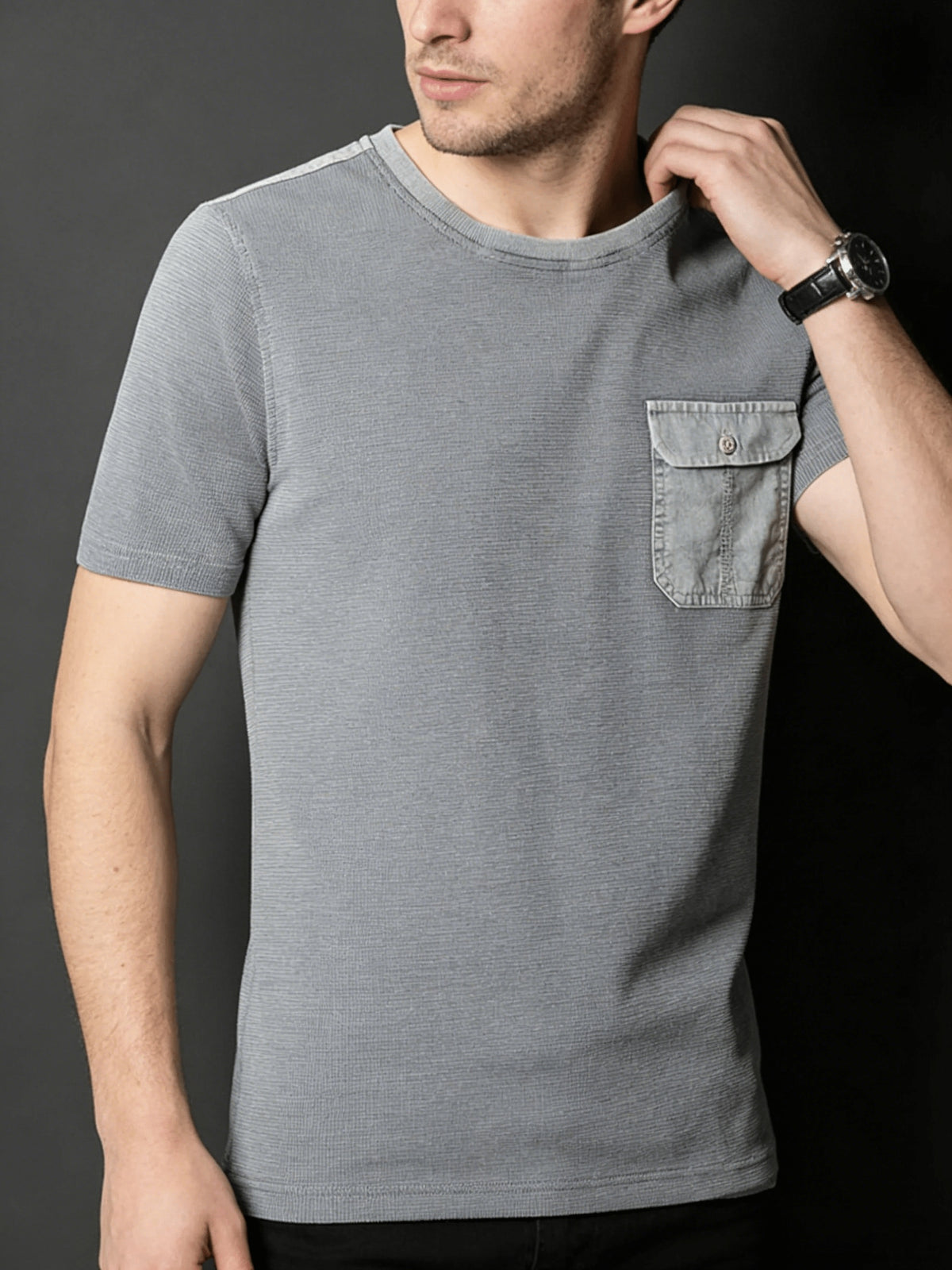 Men's Washed Distressed Vintage T-Shirt Polo Shirt Top, Solid Color Casual Top, British Style with Pocket, Washed Distressed Finish, Nostalgic Vintage Style with Faded Effect - Silvery Grey