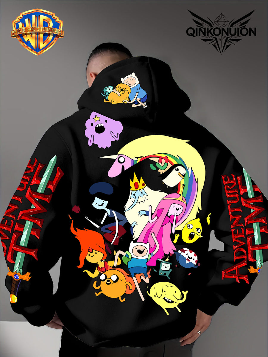 Warner Official Men's Hooded Sweatshirt, Adventure Treasure Colorful All Party Carnival Gathering Print Design, Machine Washable, Warm and Casual for Autumn and Winter, Daily Drawstring Hooded Sweatshirt, Multifunctional Sports and Leisure Loose Fit - Black