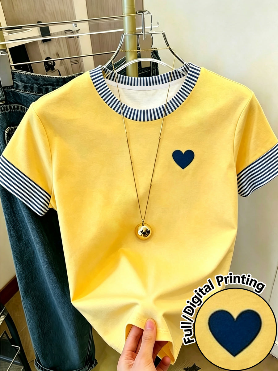 New Summer Women's T-Shirt, Round Neck Casual Apparel, Women's Pullover, Casual Commuter Wear, Daily Outing Base Layer, Simple Small Heart Pattern Print, Energetic and Lively, Streetwear, Outing Outfit, Basic Versatile Piece, As a Gift - Bright Yellow
