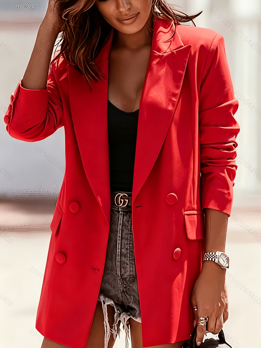 Fashion Women'S Elegant Suit Jacket Trendy Solid Color Lapel Double-Breasted Blazer - Red