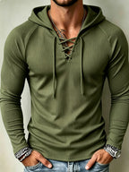 [Josh Mei OBM] American Retro Men'S Slim Fit Ringer Hooded Long Sleeve Shirt, Cross-Tie Deep V Design Elastic Texture Long Sleeve, Outdoor Casual Fitness Hat T - Military Green
