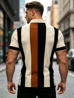 [Printed Design - Not Textured] Vintage Brown-Black Vertical Stripe Polo Shirt, French Light Luxury Men'S Hot Item. Beige Base with Caramel Brown And Black Wide Vertical Stripe Contrast, Black Ribbed Cuffs, Beige Lapel And 3-Button Placket, Knit - Mixed colors
