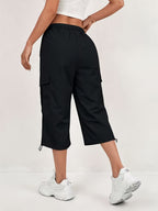 Women'S Quick-Dry Cargo Capri Pants with Elastic Waist And Drawstring - Lightweight Stretch Suitable for Outdoor Pants, Multi-Trousers, Machine Washable Loose-Fit Mid-Length for Travel, Casual Attire - Black