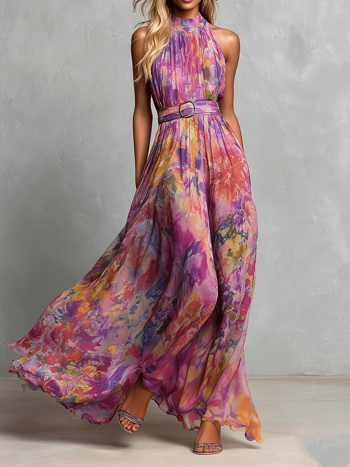 Bohemian Off-Shoulder Maxi Dress with Belted -Line Silhouette - Chiffon Wedding Guest Dress Suitable for Parties, Prom, Photo Shoots, Machine Washable -Length Gown - Multicolor