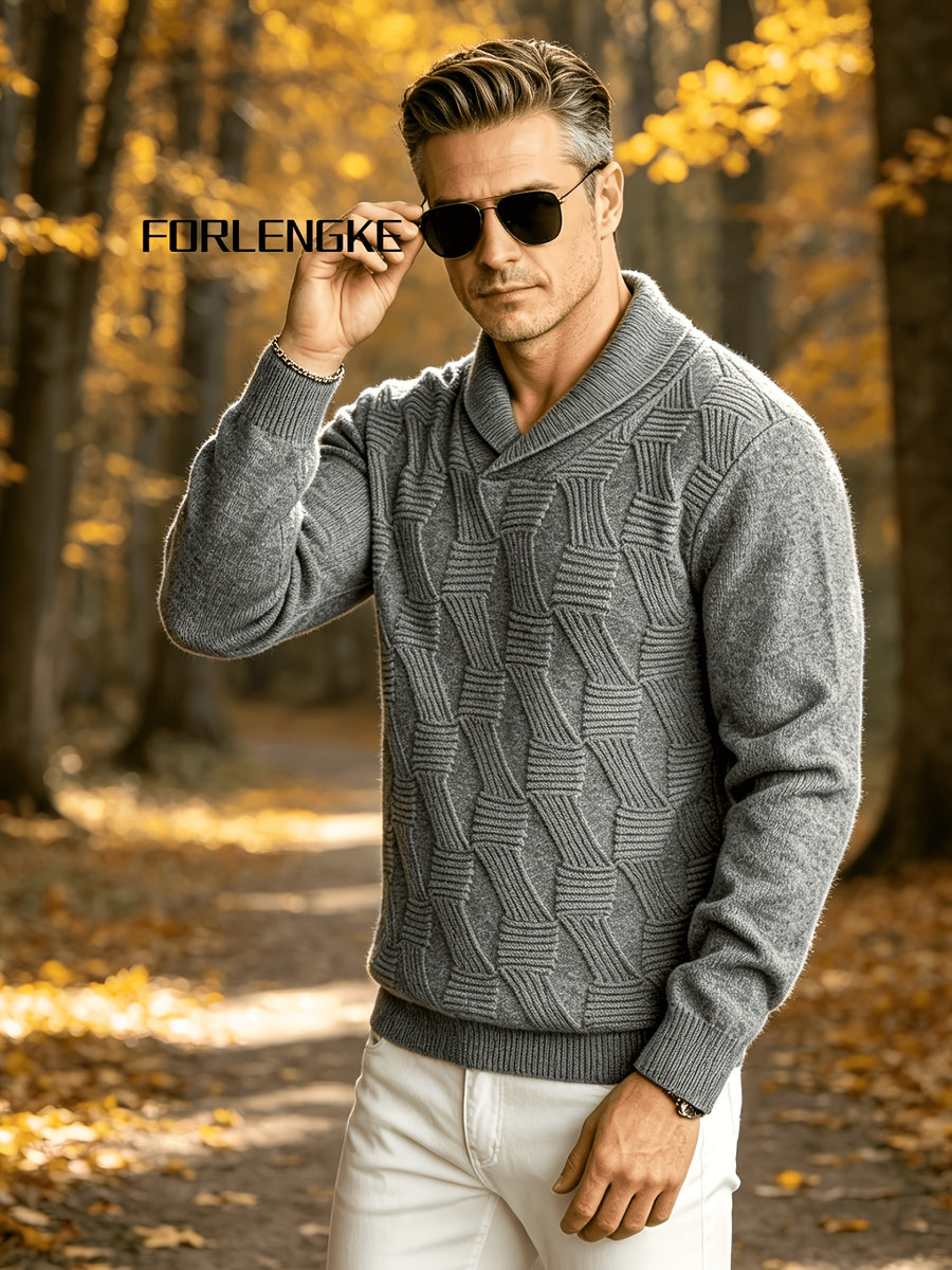 FORLENGKE Men's Business Casual Stylish Geometric Textured Knit Sweater, Soft Warm Long Sleeve Pullover for Fall Winter Office Daily Wear - Grey