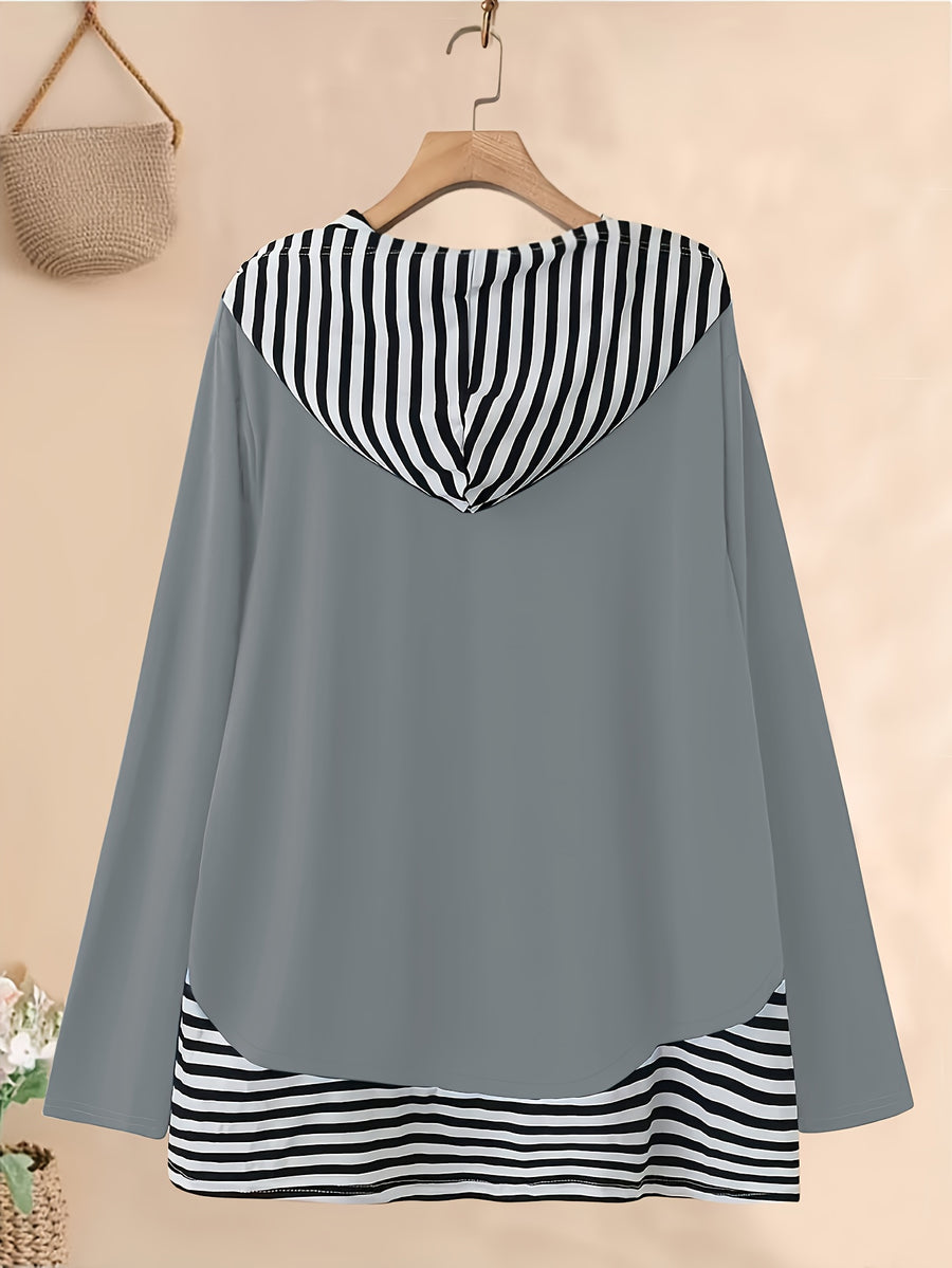 Women's Elegant Leaf & Floral Print Hooded Sweatshirt - Soft Polyester Long Sleeve Pullover with Drawstring Hood, Machine Washable Casual Top for Spring/Fall, Sweater Hoodie, Spring Fall Apparel, Comfortable Fashion - Grey