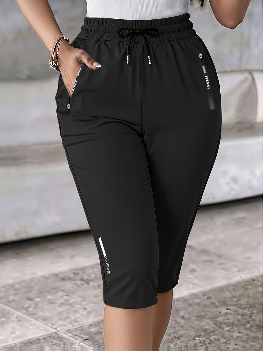 Women's Summer Casual Cropped Shorts with Elastic Waist, Drawstring, Zipper Pockets, Y2K Print, Reflective Logo, Lightweight and Breathable Fabric. Suitable for,, Family Travel, Vacations, and Daily Commuting. A Great Gift for Holidays - Black